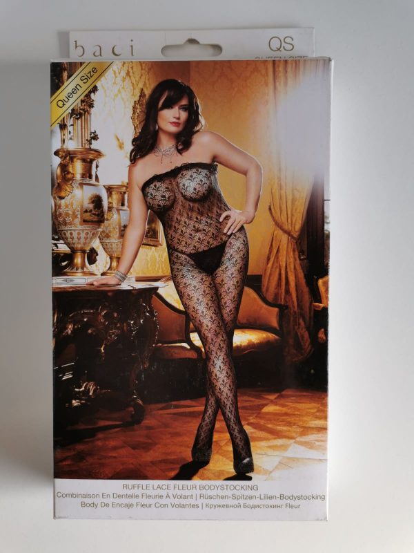 Rüschen-Spitzen-Lilien-Bodystocking- schwarz, Größe QueenSize, ZS13