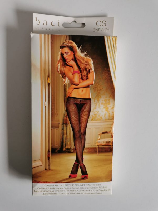 Schnürrkorsett Netzstrumpfhose, schwarz/ pink, OneSize, ZM10